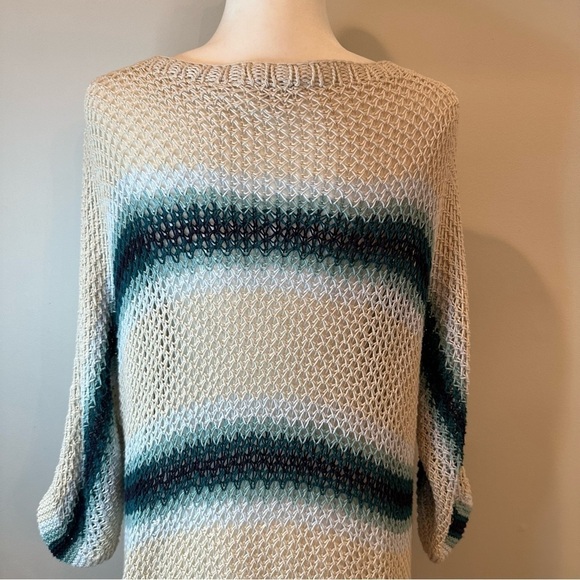 J. Jill Loose Knit Dolman 3/4 Sleeve Sweater Linen Blend Striped Blue Beige - Picture 8 of 12
